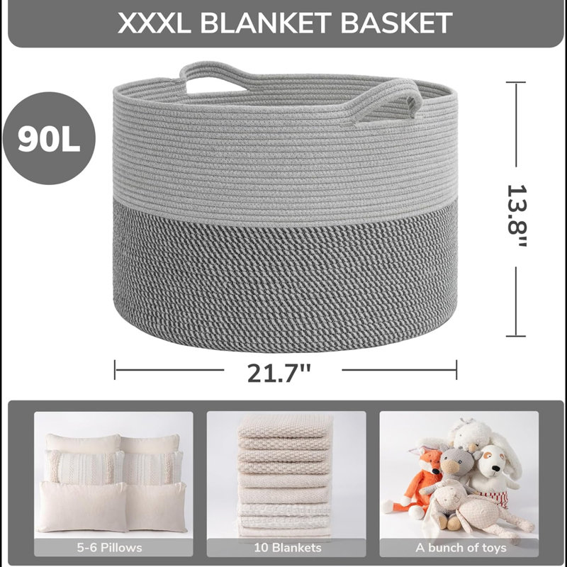 Très grands paniers tissés pour le rangement, panier en osier de 21,7 po x 13,8 po avec poignée pour couvertures, grands paniers à linge pour les vêtements, oreillers, serviettes, panier à chaussures pour l'entrée, jute de 90 L