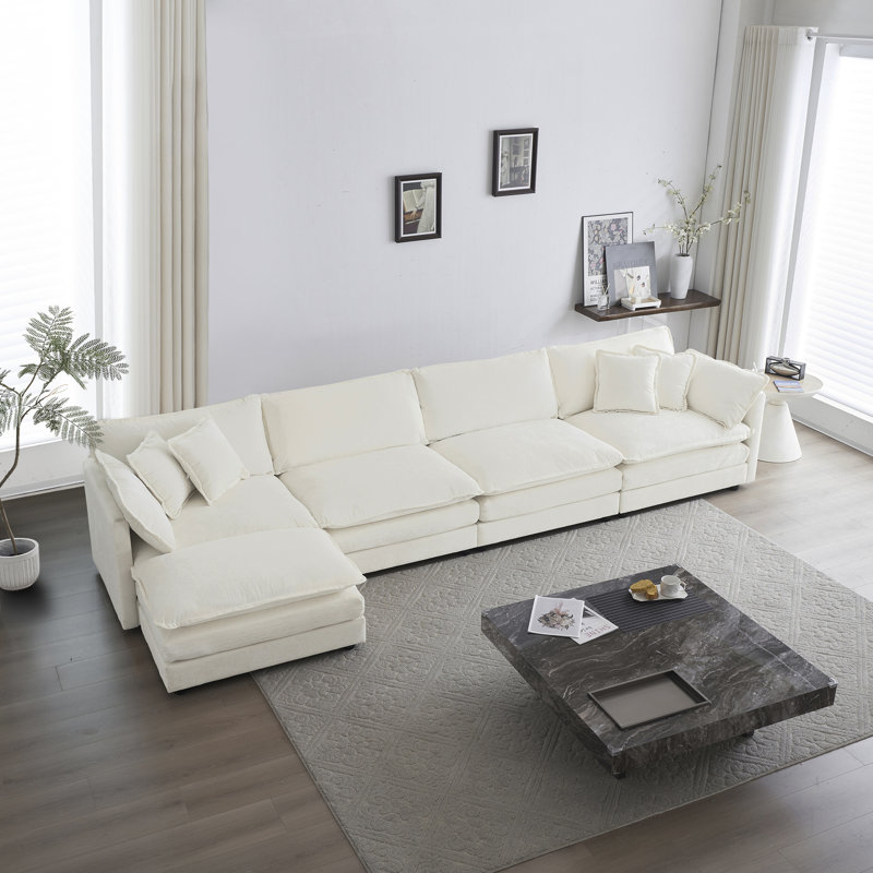 Canapé modulaire modulaire pour le salon, canapé en U convertible 5 places avec 1 repose-pieds, chenille blanche