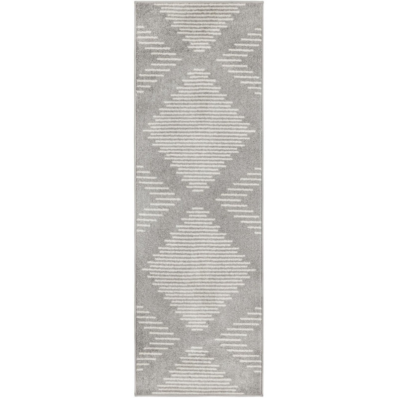 Tapis géométrique gris / ivoire en polypropylène tissé à la machine, Tapis de couloir 2 pi x 6 pi