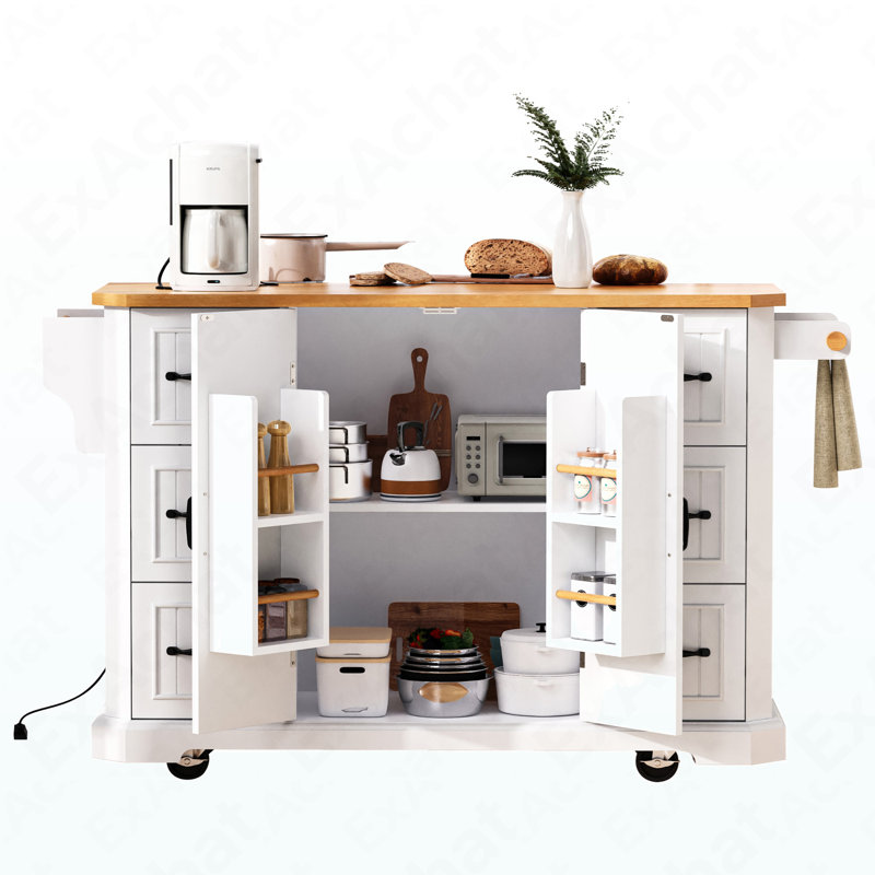 56 Inch Kitchen Island With Rubber Wood Veneer Drop Leaf, Power Outlet, 4 Door Shelves, Embossed Vertical Stripe Rolling Kitchen Cart On 4 Wheels With 6 Deep Drawers For Kitchen, Dining Room,White
