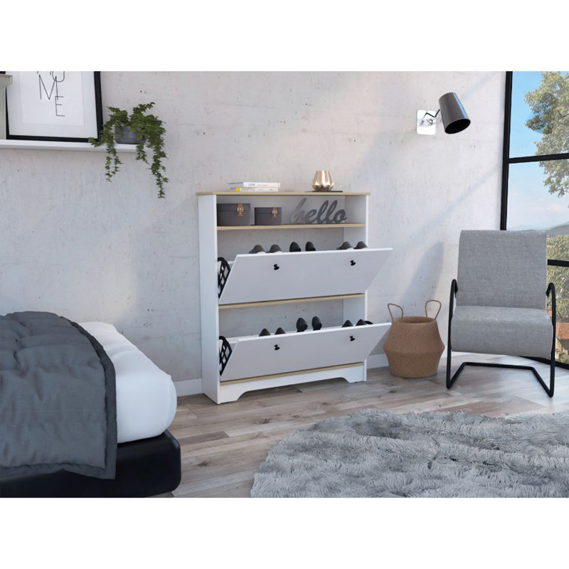 Range-chaussures Dublin avec une tablette ouverte et deux armoires extensibles, Chêne clair