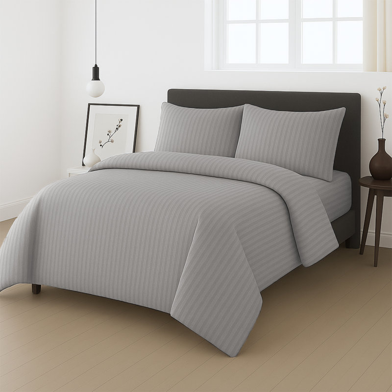 Microfiber Stripe Duvet Complete Set With Striped Pillows & Fitted Sheet, Silver, Single Duvet +1 Fitted Sheet +1 Pillowcase
