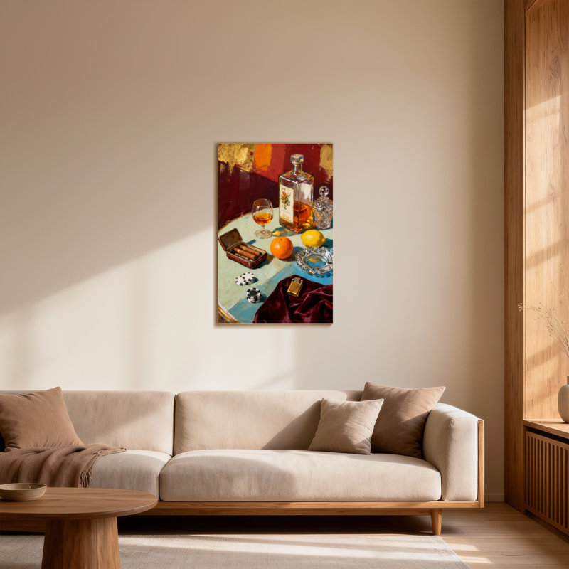 Mode nature morte avec whisky et cigares, H 18 po x l 12 po