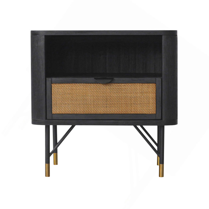 Table de chevet en bois avec tiroir en rotin et tablette ouverte pour un rangement spacieux et un assemblage facile
