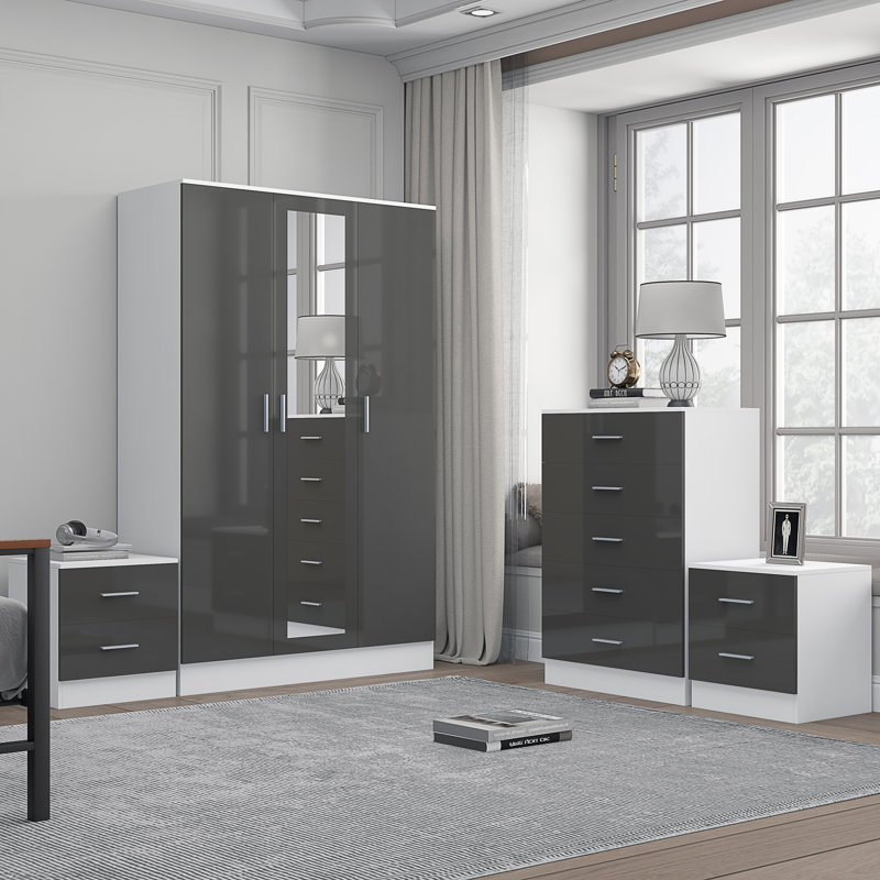 Eva Piece Bedroom Set, Grey Gloss / Matt White