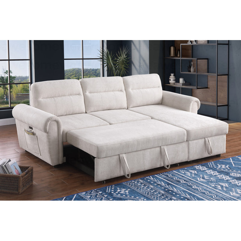 Canapé-lit modulaire réversible moderne en chenille de l 97 po beige avec chargeur USB, poches pour téléphone / magazine