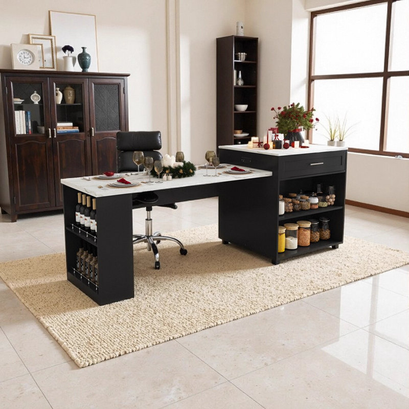Îlot de cuisine de 80 po avec table de salle à manger, comptoir en grain de marbre avec prise de courant, chariot de rangement mobile avec armoire et 2 tiroirs, noir