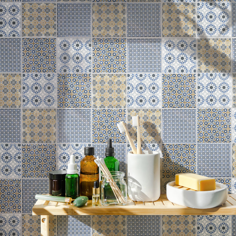 Classico 4" x 4" Porcelain Grid Mosaic Wall & Floor Tile, Blue/Gold