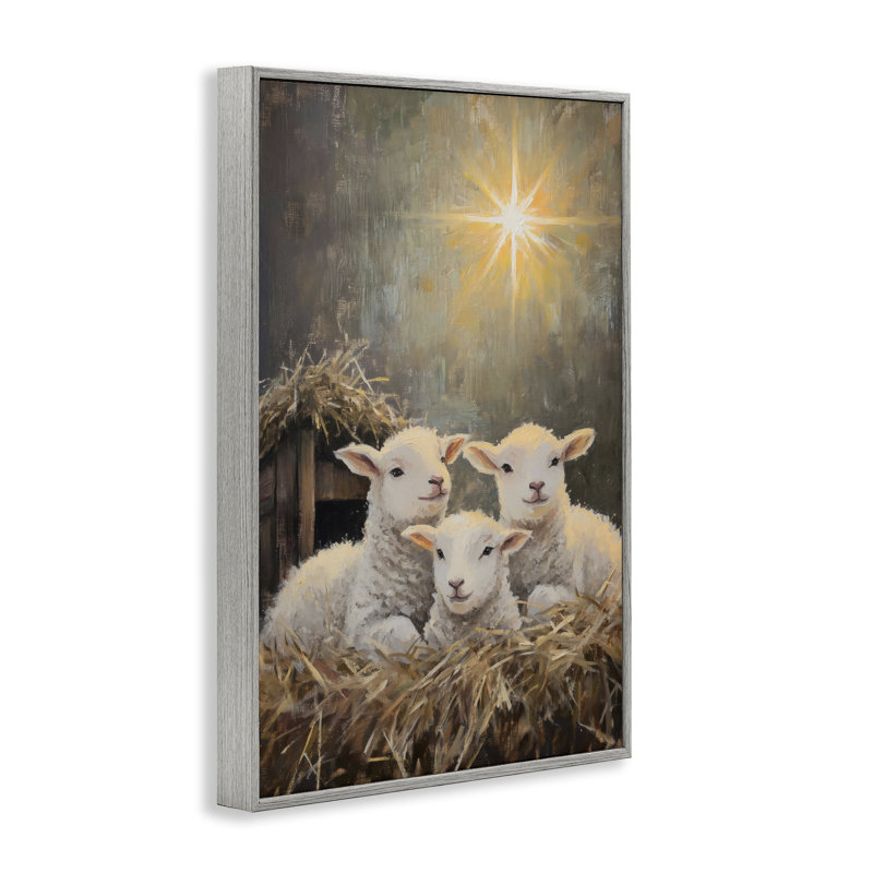 Festive Lambs in Stable, giclée encadrée, design par Petal Prints Design, H 24 po x l 16 po, Estampe numérique Farmhouse