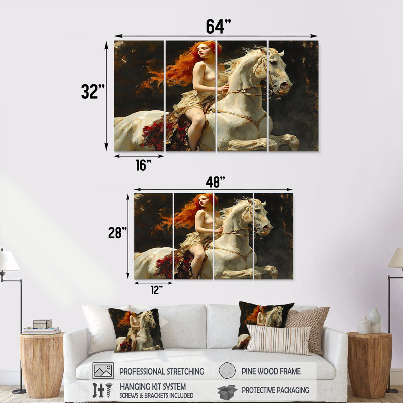 «Wild Lady Godiva On White Horse - Modern Woman», art mural sur toile 4 pièces, H 32 po x l 64 po