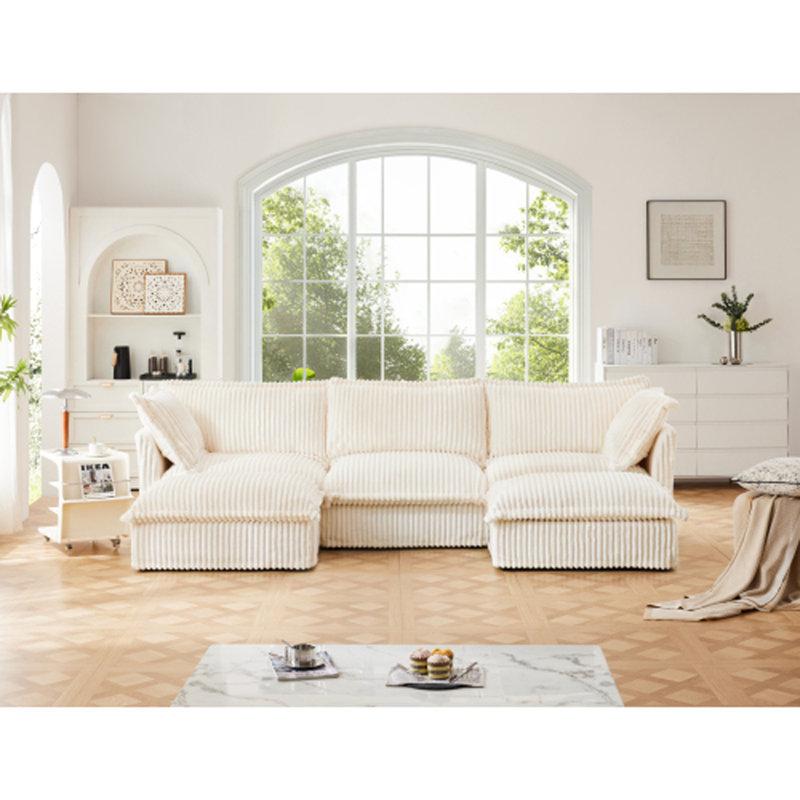 Canapé modulaire en U avec 2 repose-pieds Evelyn, Velours côtelé crème, H 34,6 po x l 120 po x P 55 po