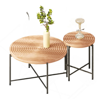 End Table, 2-Piece Coffee And Set – Waterproof Mdf With Pvc Cover, Distressed Cylindrical Design, Black Metal Legs – Classic Rustic Charm, Red Cedar-Brown