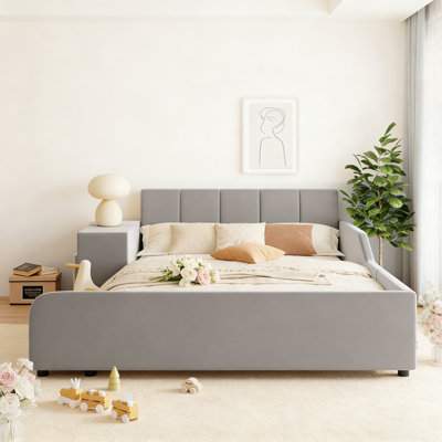 Lit double tapissier pleine grandeur avec rangement, velours, gris