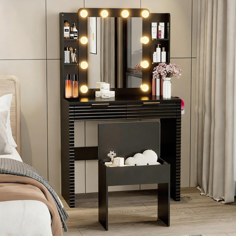 Makeup Vanity Desk with 10 Hollywood Bulbs, Fluted Dressing Table with Charging Station, 2 Drawers and 4 Open Shelves