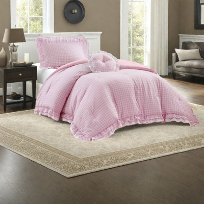 Charmant ensemble de literie rose, édredon simple / simple en microfibre à volants texturés pour un style de chambre toutes saisons