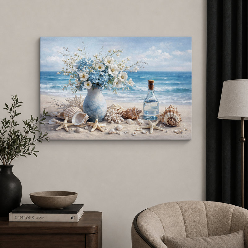 Vase de fleur bleu côtier avec coquillages et vue sur l'océan, images de salle de bain, impression sur toile encadrée