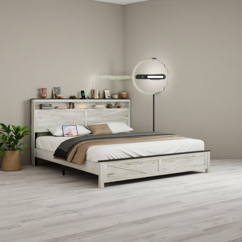 Cadre de lit avec lumières DEL et base de lit plateforme avec coussin de charge, grand lit, avec tête de lit et espace de rangement caché