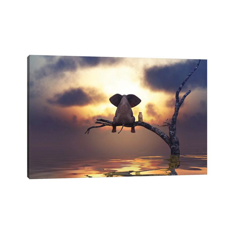Elephant And Dog Are Sitting On A Tree by Mike Kiev - Print on Canvas, Wrapped Canvas, 66.04 cm H x 45.72 cm W x 1.91 cm D