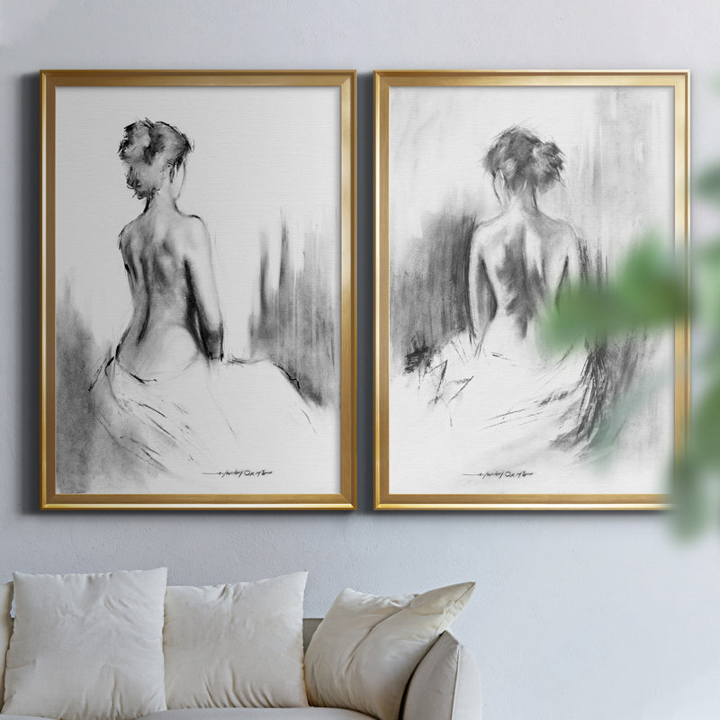 «Soft Silhouette I», ensemble de 2 reproductions d'art, H 30,5 po x l 85 po, Toile avec cadre érable, Doré