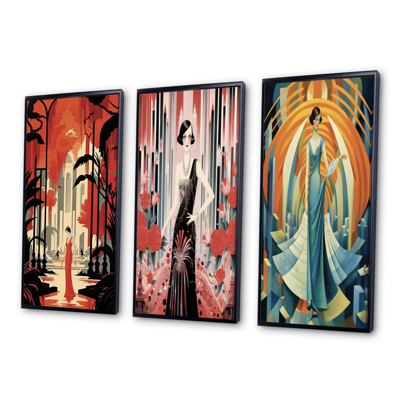 Ensemble de 3 reproductions d'art en soirée Art Deco Lady in Red, Cadre flottant noir, H 40 po x l 60 po