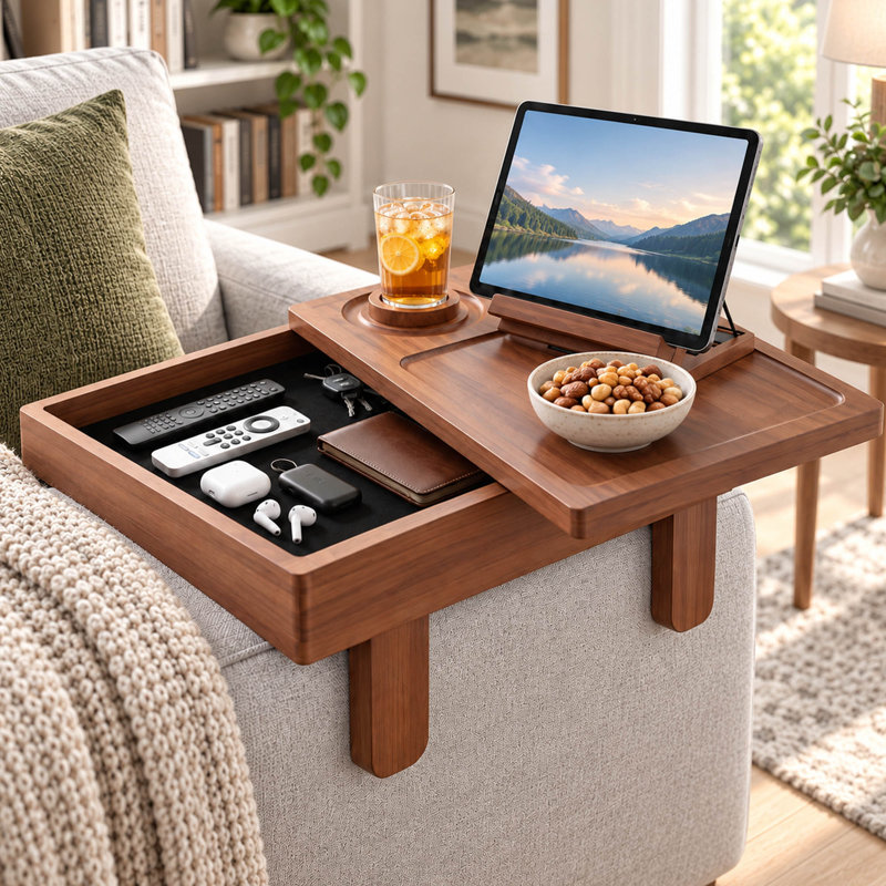 Table d'accoudoir ajustable pour canapé avec rangement dissimulé, porte-gobelet et support pour téléphone