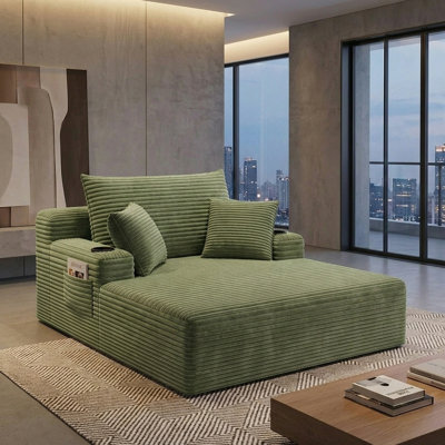 47"W x 65"D Oversized Chaise Lounge Chair Indoor Boneless Reading Chair Plush Corduroy Recliner with Cup Holders Large Deep Seat Comfy Sofa Bed Couch with 3 Pillows for Living Room Bedroom