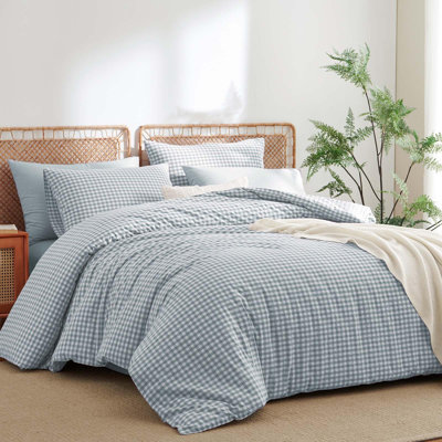 Nayoroom 3 Pieces Gingham Duvet Cover 100% Washed Cotton Plaid Checkered Duvet Cover Set Modern Grid Bedding Set With Zipper Closure Corner Ties