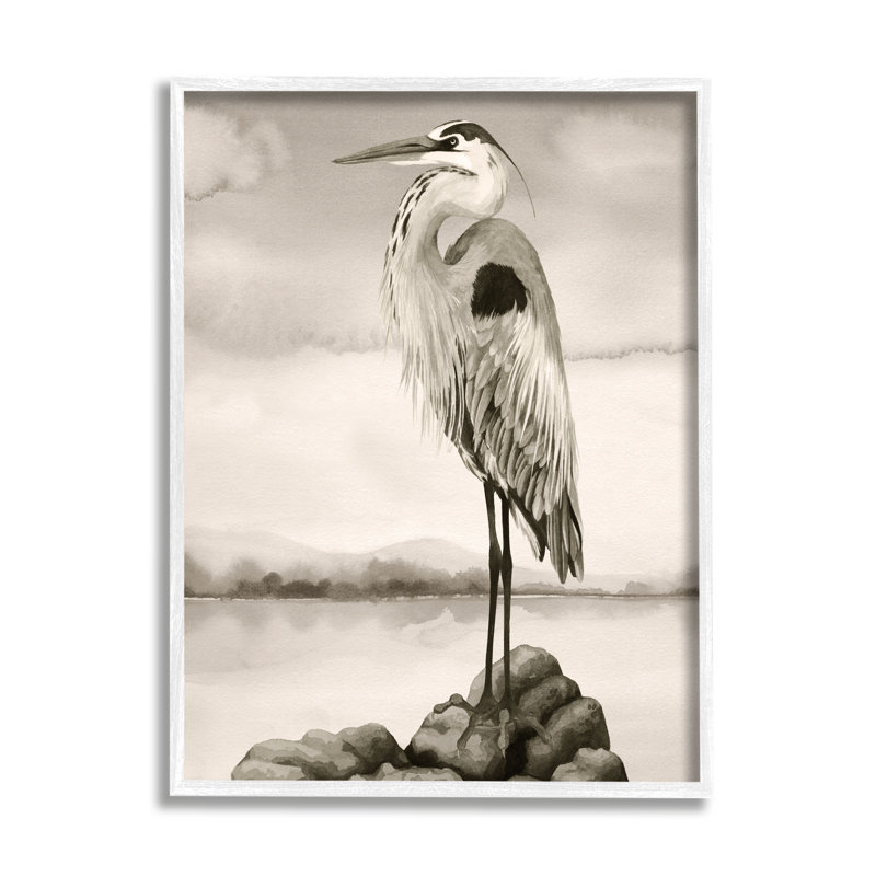 Héron gris perché sur toile par Grace Popp, Giclée encadrée blanc bord de mer, 20" H x 16" W
