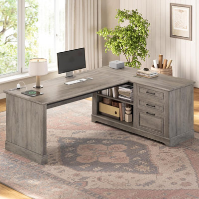 61" Executive Desk, Farmhouse L Shaped Desk With File Drawers, Home Office Desk With Power Outlets, Computer Desk With Storage Shelves For Home Office