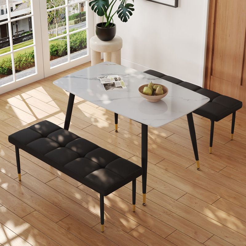 de table de salle à manger en pierre frittée de 2 pouces avec 2 bancs, avec un plateau de table en marbre blanc pour un siège subtil de luxe moderne et multifonctionnel