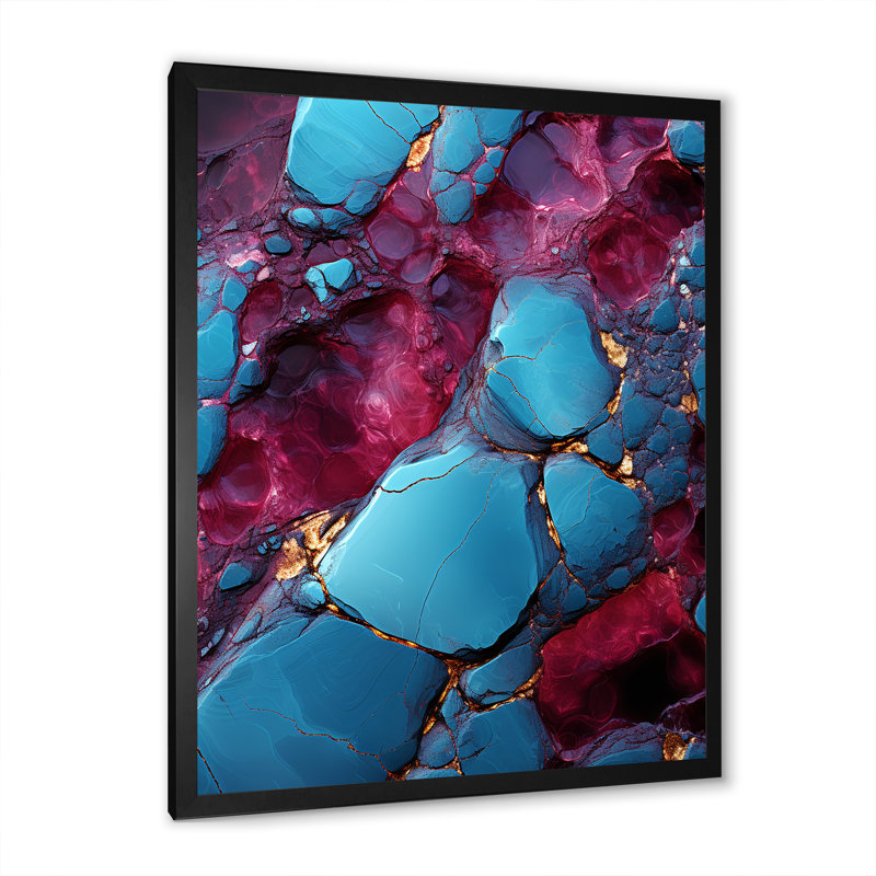 Bleu et mauve sans soudure Marble River II - Art mural abstrait, Cadre simple noir, H 32 po x l 16 po x P 1 po