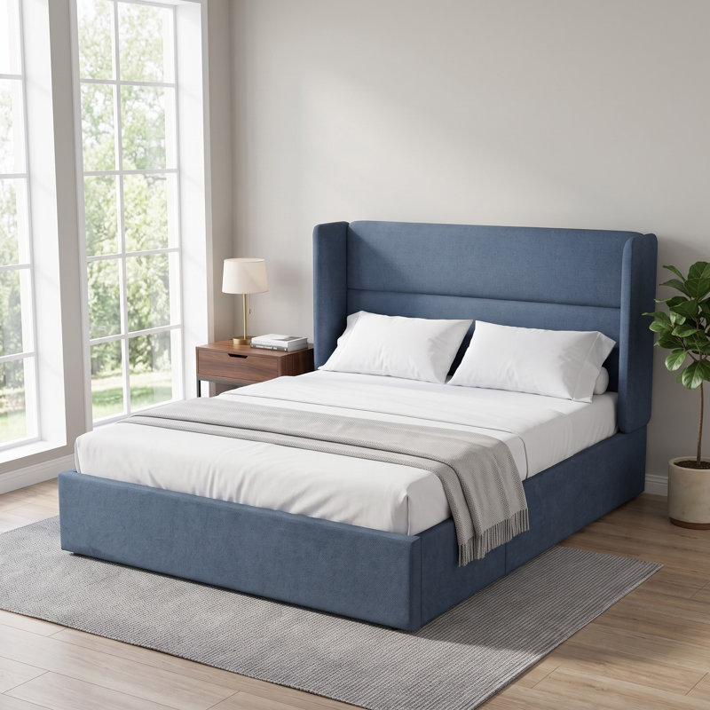 Lit plateforme tapissier avec rangement Gaillarde, Grand, Bleu brume grisâtre