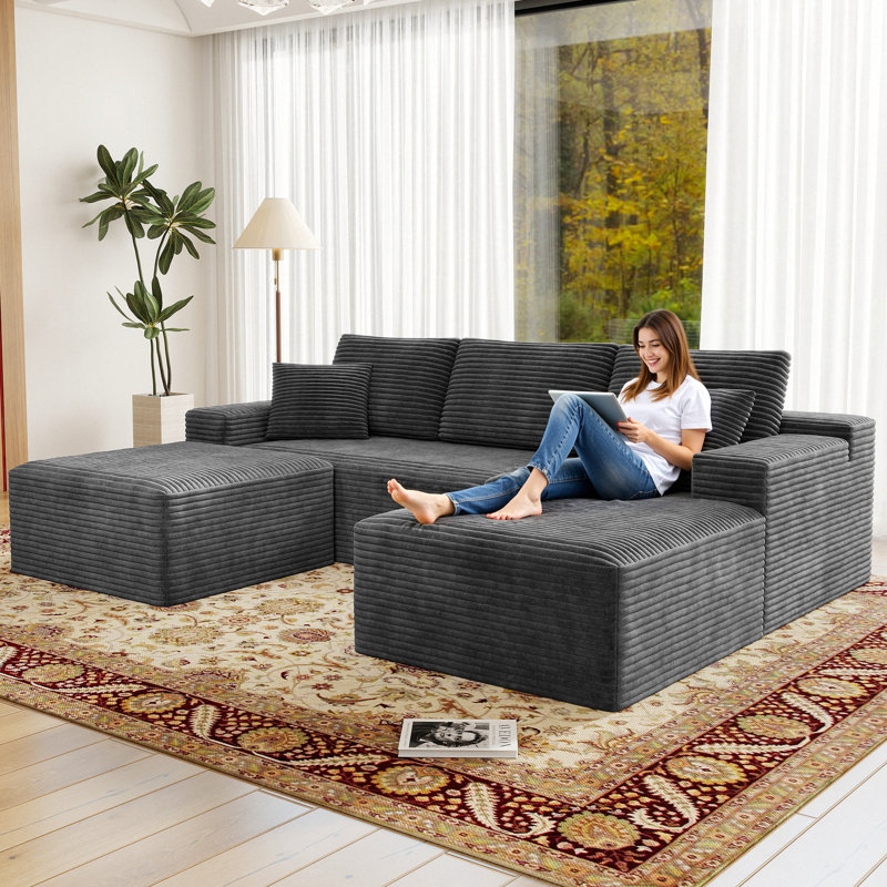 Koli Boneless U-shaped Cloud Sectional Sofa Couch, Compression Modular Sofa, Corduroy, Right Hand Facing, Gray Velvet