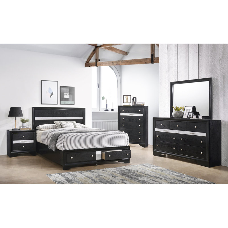 Lit plateforme avec rangement en bois massif Ashlock, Grand lit, Noir