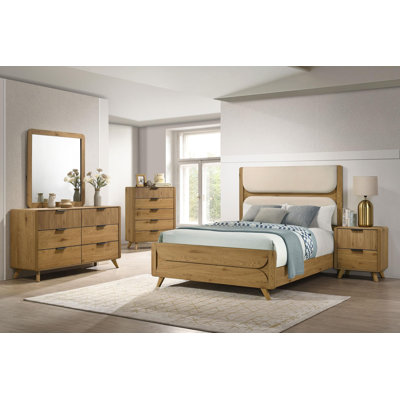 Ensemble de chambre à coucher Vangundy Twin Cream, 5 pièces, style milieu du siècle, chêne clair