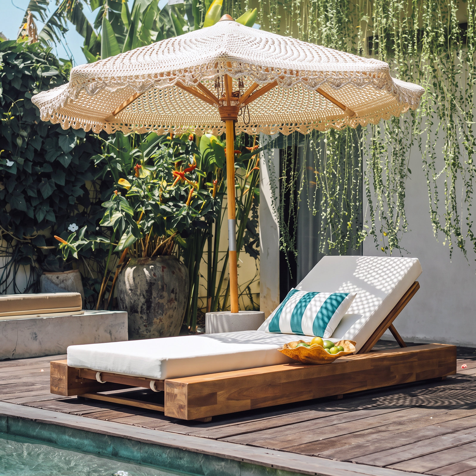 Donnie 39" Acacia Patio Chaise Lounge Set, Sandblast Teak Frame / Cream Cushion, 1
