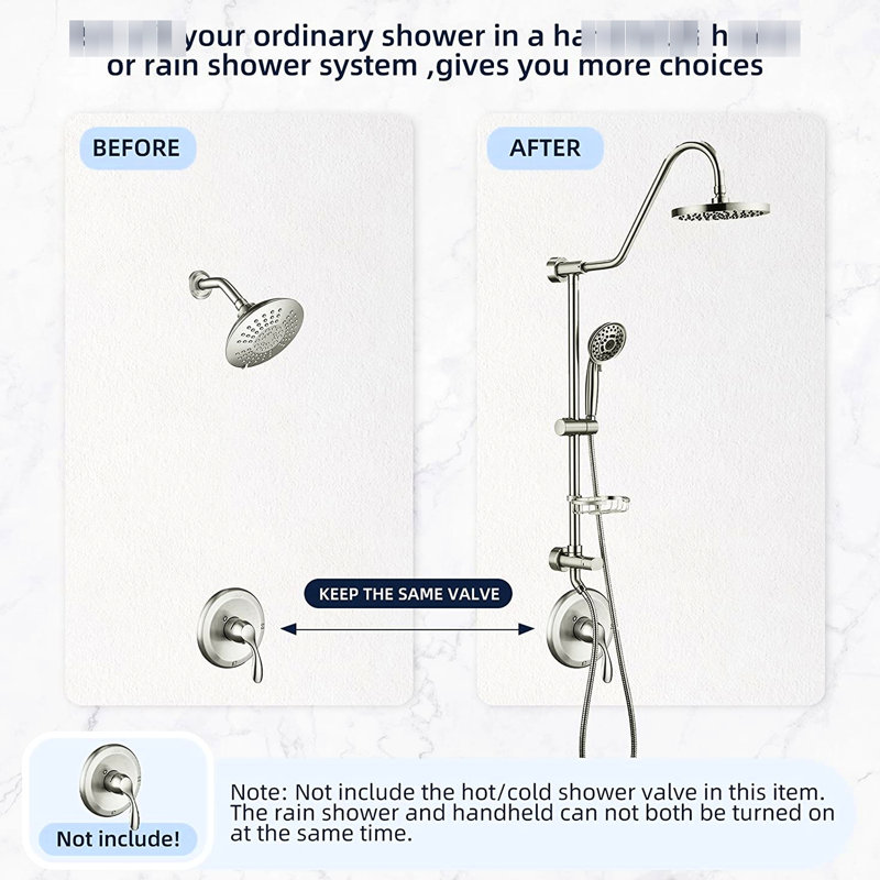Douche de salle de bain avec 5 fixations portatives et murales, fixation et bras en nickel brossé, rouille