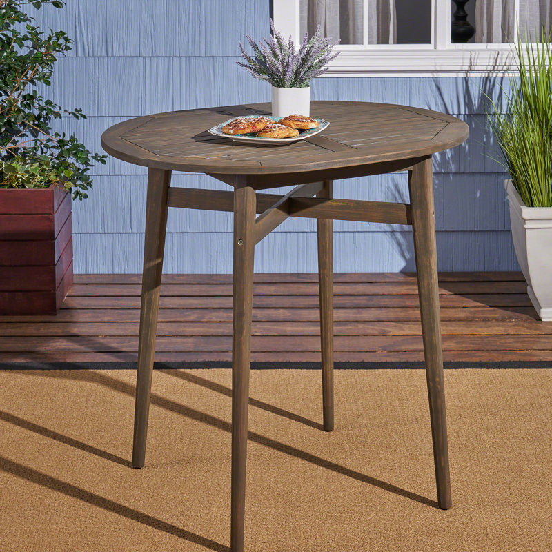 Wood Outdoor Bar Table With Rustic Appeal - Slatted Top And Structure Grey Patio Slat Design For A Contemporary Lounge