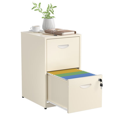 2 Drawer File Cabinet with Lock, Cream Filing Cabinets for Home Office, Metal Locking File Cabinet with Two Drawers, Light Duty File Storage Cabinet for Letter Size