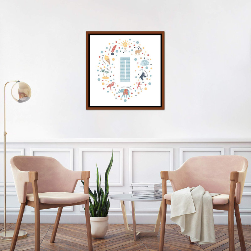 Lettre illustrée I bleue - impression, Pas de tapis, H 26 po x l 26 po x P 1,5 po, Toile avec cadre brun