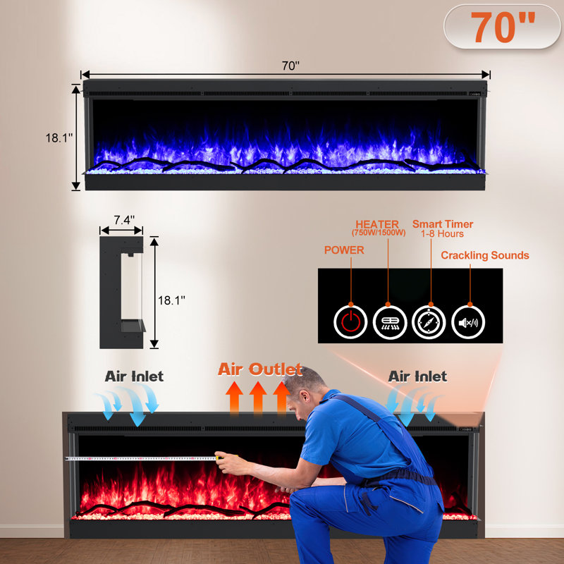 Othoson 3 Sided Electric Fireplace, Remote Control Fireplace, Realistic RGB LED, 18" H x 70" W x  7" D