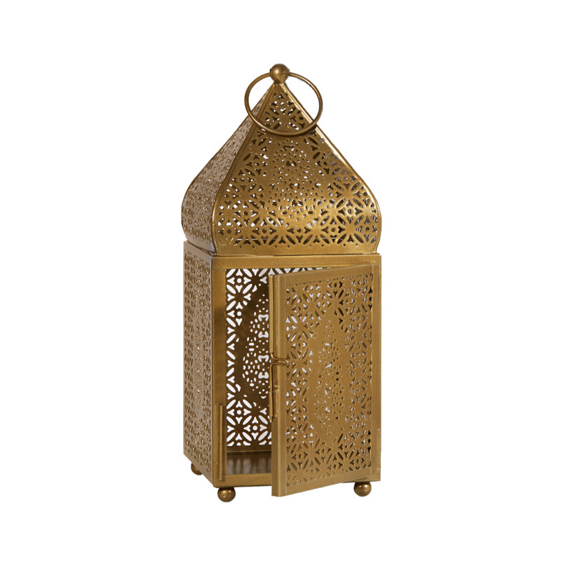 Grande lanterne ornée de bougie ornée d'or marocaine Bungalow Rose, lanterne dorée antique, porte-lanterne décorative pour mariage d'inspiration indienne, Eid, Ramadan, événements, 4,5 po de diamètre et 12 po de hauteur
