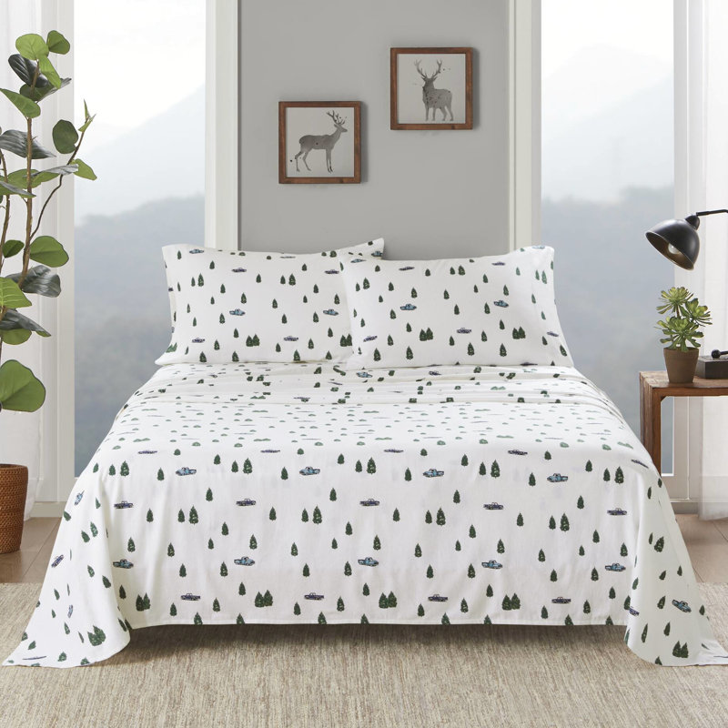 Drap de 4 pièces, chambre de la reine, conception arbres et camions, flanelle 100% coton, doux, lavable à la machine