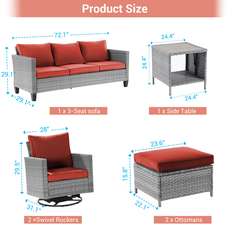Charlenne 5 - Person Swivel Rocking Chair Outdoor Seating Group with Cushions, Gray, Brick Red