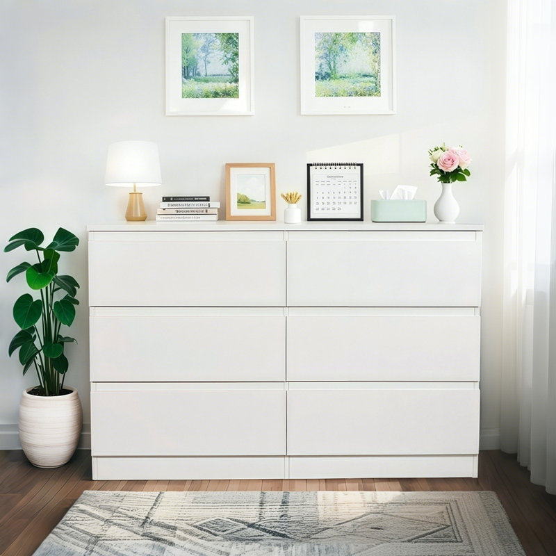 Commode 6 tiroirs avec comptoir spacieux, Blanc