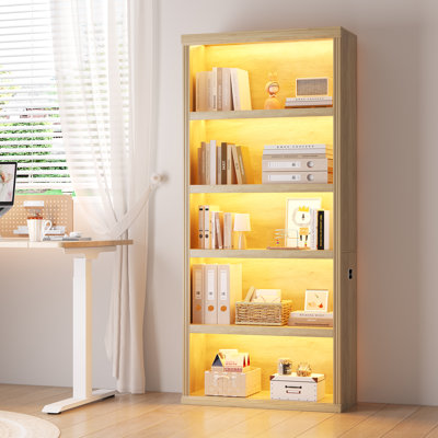 71" Tall Bookcase With 3 Color Sensor Lights, 5-Tier Open Storage Display Shelves