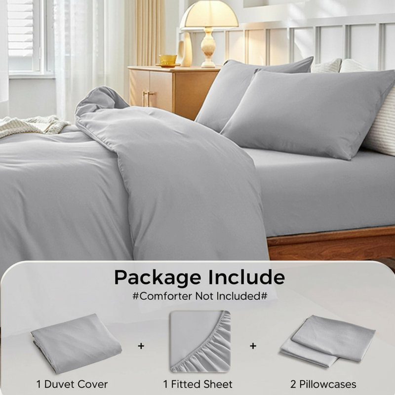 Microfiber 250 TC Reversible 4 piece Plain Duvet Cover Set with Pillowcases, Silver, King Duvet Cover + 4 Additional Pieces
