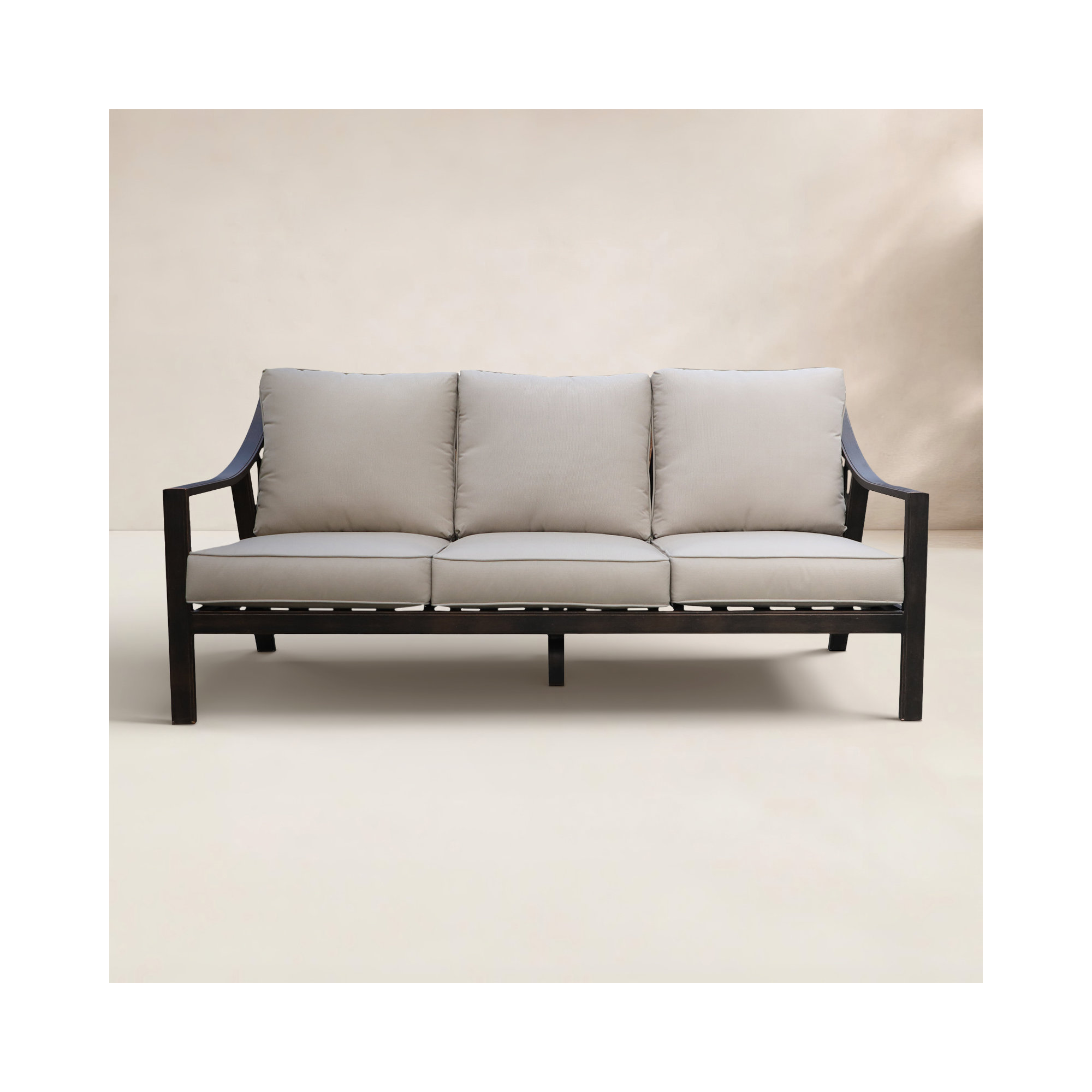 Mackinnon Outdoor Patio Sofa with Cushions, Taupe, Liberty Bronze