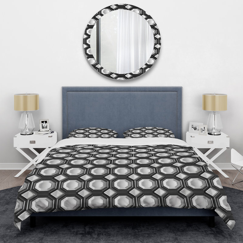 Ensemble de housse de couette moderne noir hexagonal blanc I Modern, Housse de couette simple et deux taies décorative