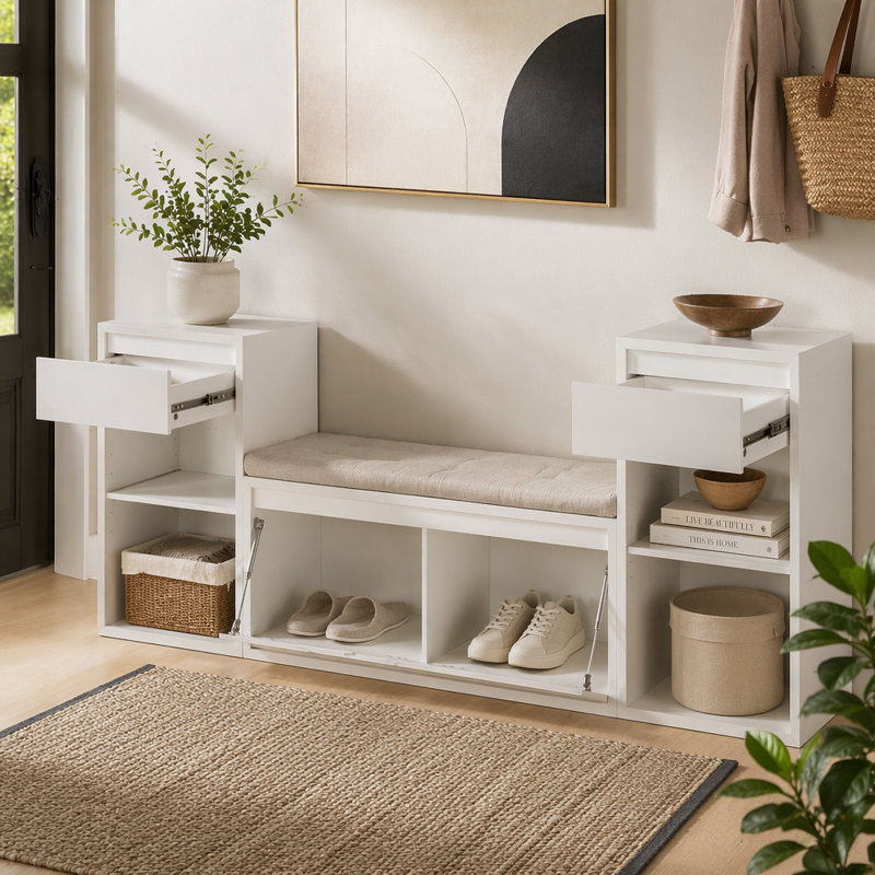 Banc de rangement tout-en-un avec coussin, compartiments, tiroirs et tablettes ouvertes, banc de rangement, Blanc